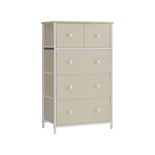 Kommode med 5 stofskuffer og metalramme camel gul-creme hvid