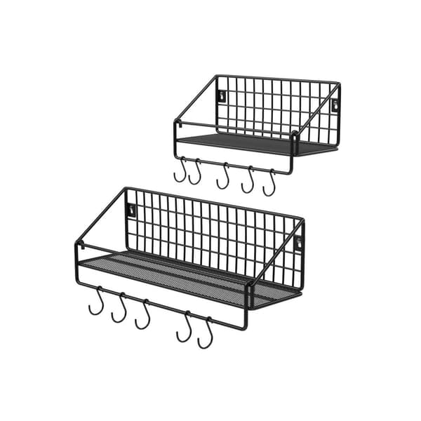 Industriella vägghyllor i metall, varje hylla kan belastas med upp till 15 kg, 2 st kökshyllor med 10 krokar, för sovrum vardagsrum, 30 x 12 x 13 cm,