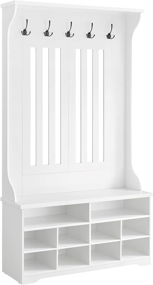 Garderobeskab, garderobe, knagerække med bænk, skoopbevaring, med kroge, justerbar hylde, moderne, hvid