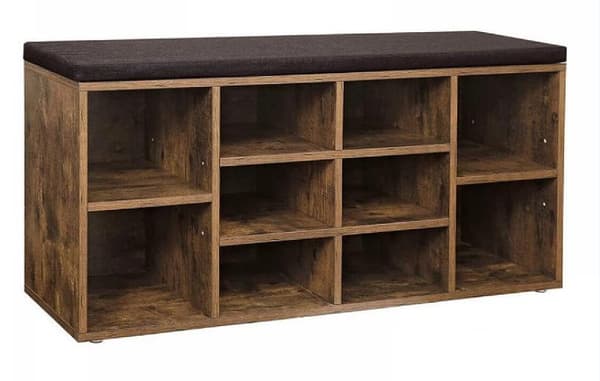 Skobänk, skohylla, skoställ, förvaringsskåp, 10 fack, med dyna, för entré, 104 x 30 x 48 cm, rustik brun