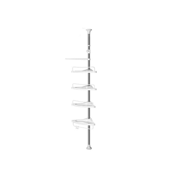 Justerbar hjørnehylde til badeværelset, teleskopisk brusebadshylde, 95-300 cm, gulv til loft, med ramme i rustfrit stål, 4 bakker, 3 kroge, 1 håndklæ