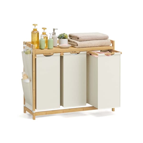 Tvättkorg med 3 fack, Tvättkorg, rymmer upp till 150 L, Tvättsorterare, med hylla, Tvättsäck, Sidofickor, 3 x 50 L, 94 x 33 x 78 cm, Cream White
