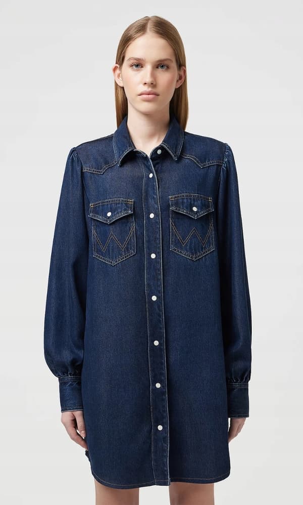 Wrangler SKJORTEKJOLE MED BALOONÆRMER, MARINEBLÅ DENIMKJOLE MED SKJORTE, S