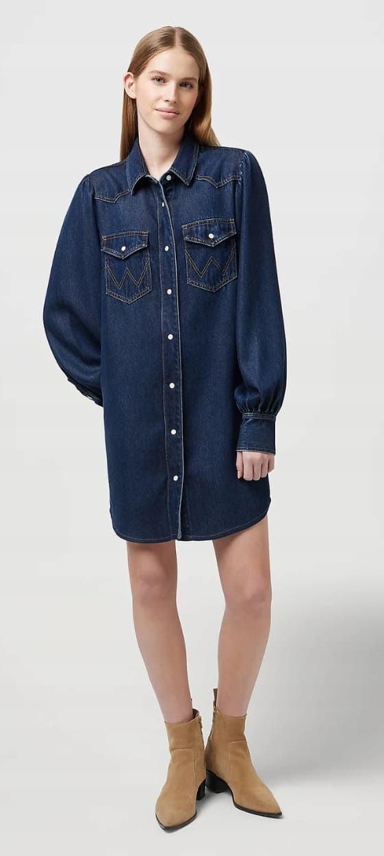 Wrangler SKJORTEKJOLE MED BALOONÆRMER, MARINEBLÅ DENIMKJOLE MED SKJORTE, S