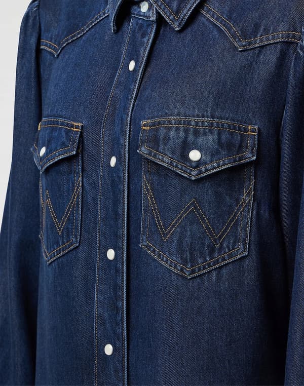 Wrangler SKJORTEKJOLE MED BALOONÆRMER, MARINEBLÅ DENIMKJOLE MED SKJORTE, S