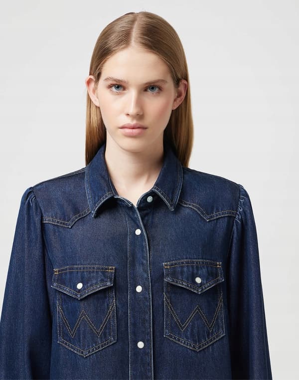 Wrangler SKJORTEKJOLE MED BALOONÆRMER, MARINEBLÅ DENIMKJOLE MED SKJORTE, S