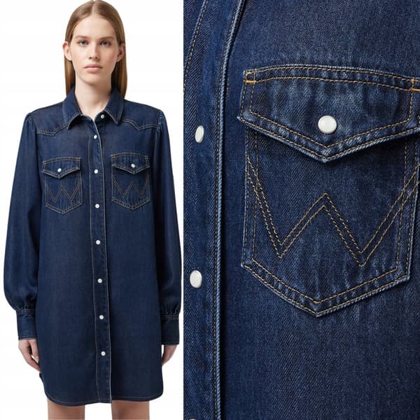 Wrangler SKJORTEKJOLE MED BALOONÆRMER, MARINEBLÅ DENIMKJOLE MED SKJORTE, S