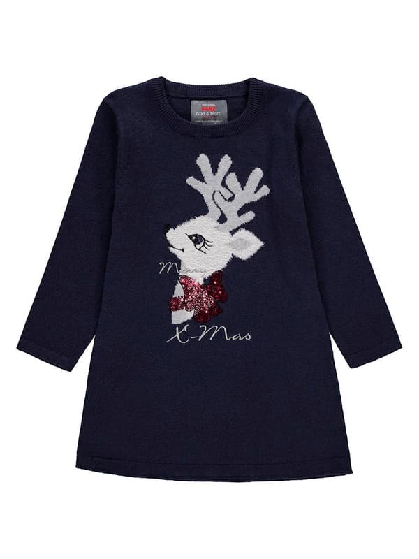 Tyttöjen pitkähihainen mekko, tummansininen, poro, Kanz