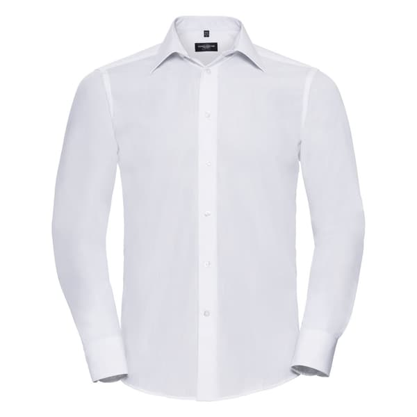 Russell Collection Langærmet poly-bomulds-poplin-skjorte med lang ærme til mænd, der er nem at pleje og skræddersy White L