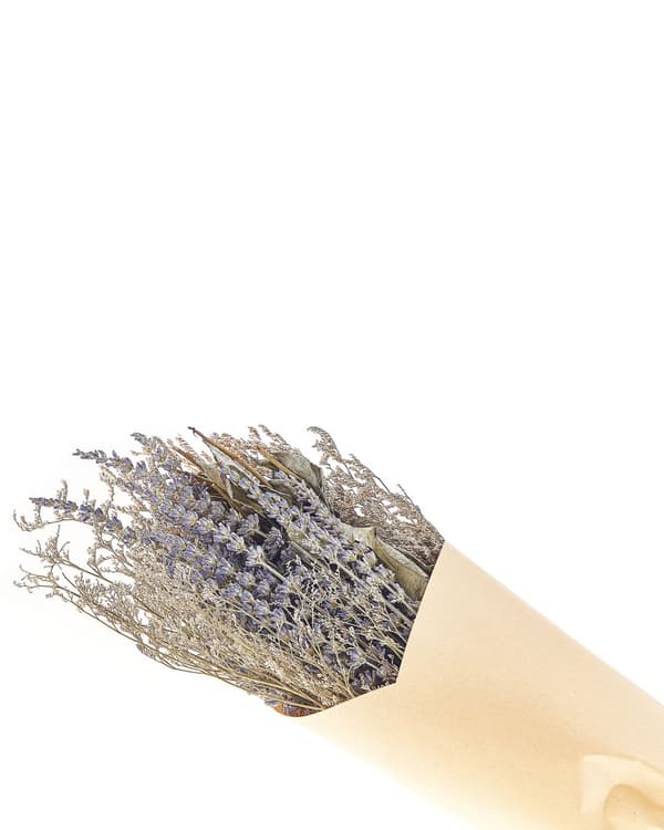 Kuivakukkakimppu violetti vihreä 20 x 70 cm kuivatut kukat paperikääre boho maalaismainen