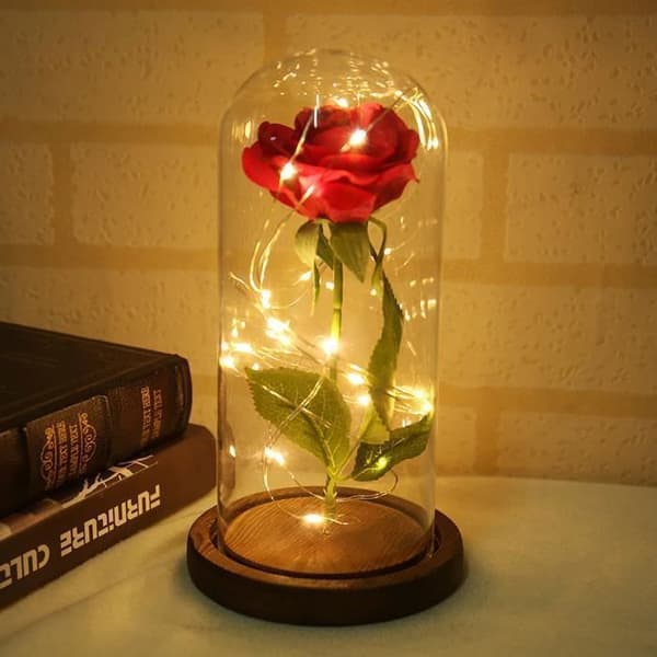 Beauty and the Beast Förtrollad rosa elegant glaskupol med LED-lampor - brun bas