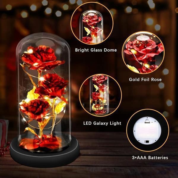 Eternal Rose and LED Light - Faux Rose LED-glasskärm - "Beauty and the Beast" - Mors dag/St Va