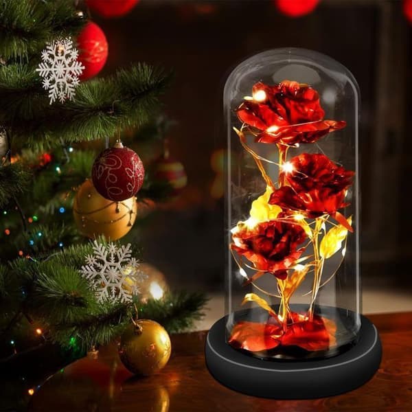 Eternal Rose and LED Light - Faux Rose LED-glasskärm - "Beauty and the Beast" - Mors dag/St Va