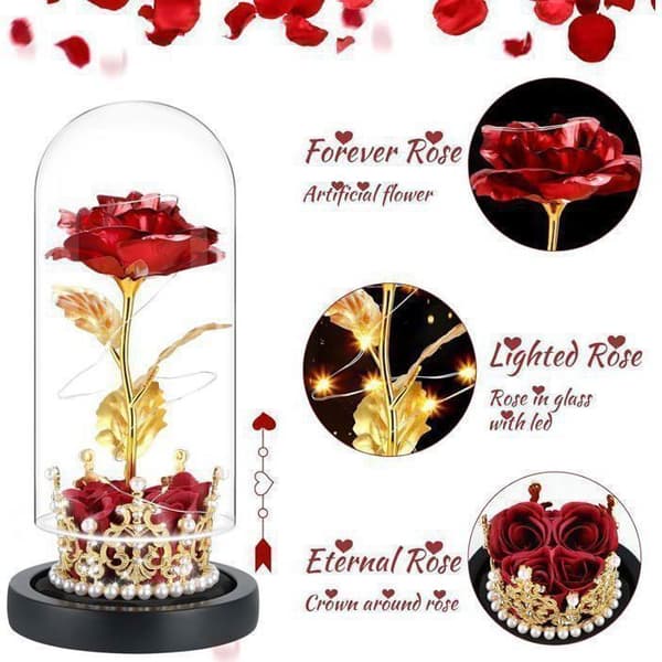 Present till Mors Dag, Evig Ros med Krans, Evig Blomma under LED-kupa, Evig Ros i Glas, För Mors Dag, Röd