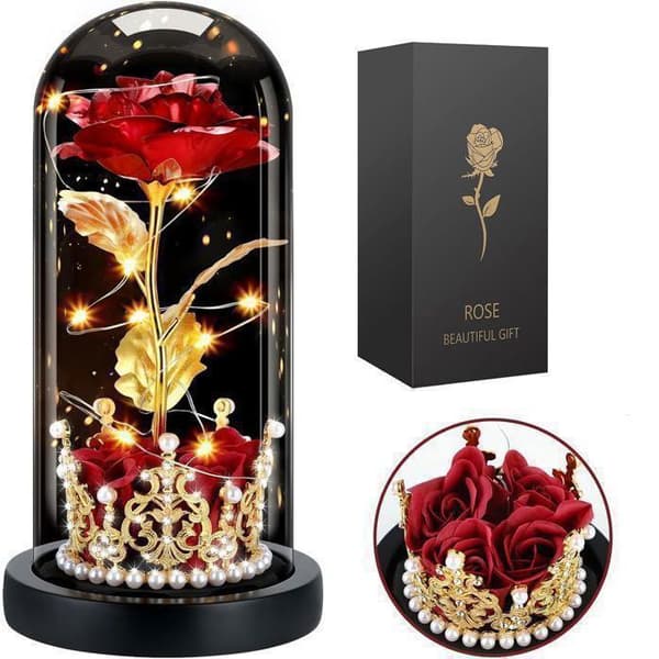 Present till Mors Dag, Evig Ros med Krans, Evig Blomma under LED-kupa, Evig Ros i Glas, För Mors Dag, Röd
