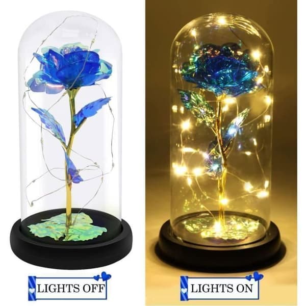Eternal Rose Under Bell, Galaxy Rose med LED-lampor, lysande rosblommor, konstgjord rosblommagåva, blå