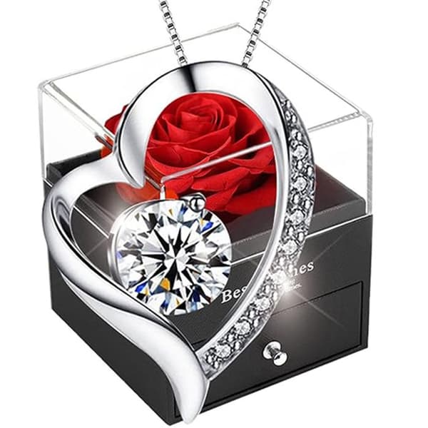 Eternal Rose med, Kvinnors Halsband Box of Roses, Hjärthänge, Present till henne till jul, alla hjärtans dag, mors dag