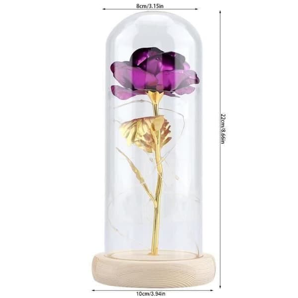 Eternal Rose LED-rosblad "Beauty and the Beast" LED-ljus med fallen i glaskupol på en träbas (lila H0103D