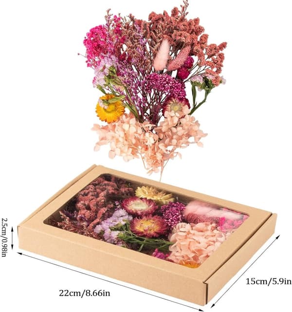 Lille tørret blomsterdekoration med papkasse – tørrede blomster til håndarbejde, harpikshåndværk, lykønskningskort og scrapbog