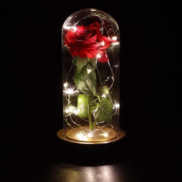 Eternal Ros med LED, Klocka och Konstgjord Ros, LED Ljusmanschett med Batteri Silkesrosblad, med V-Dome