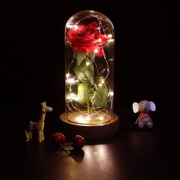 Eternal Ros med LED, Klocka och Konstgjord Ros, LED Ljusmanschett med Batteri Silkesrosblad, med V-Dome