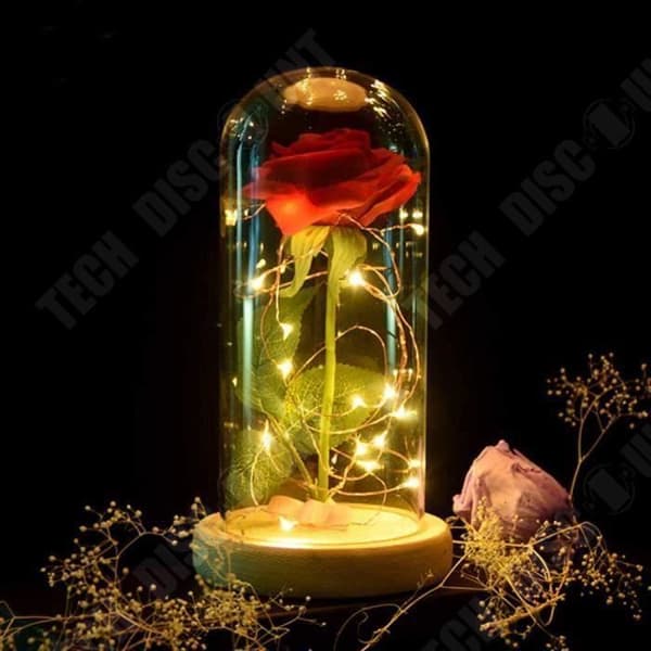 TD® Eternal Rose med LED, klocka och konstgjord rosblomma, batteridriven LED-ljusslinga, sidenrosblad, med kupol