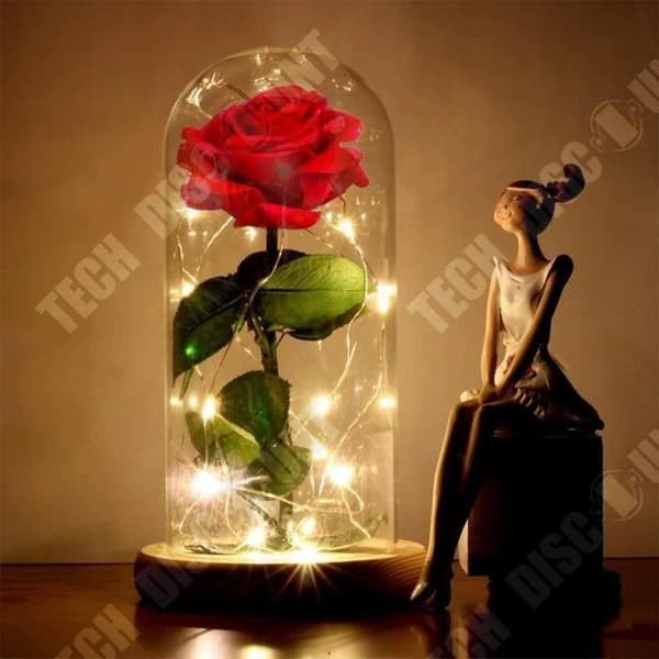TD® Eternal Rose med LED, klocka och konstgjord rosblomma, batteridriven LED-ljusslinga, sidenrosblad, med kupol