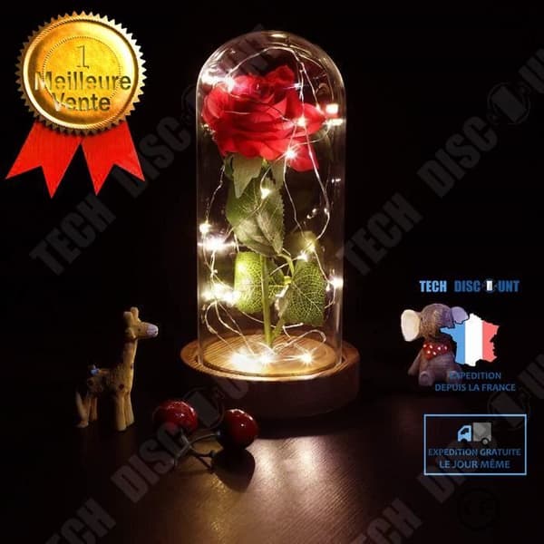 TD® Eternal Rose med LED, klocka och konstgjord rosblomma, batteridriven LED-ljusslinga, sidenrosblad, med kupol