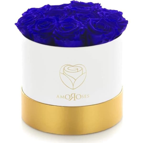 Blomsterbukett - Amoroses - Begränsad Upplaga - 12 Eviga Rosor - Vit Låda - Blå Rosor