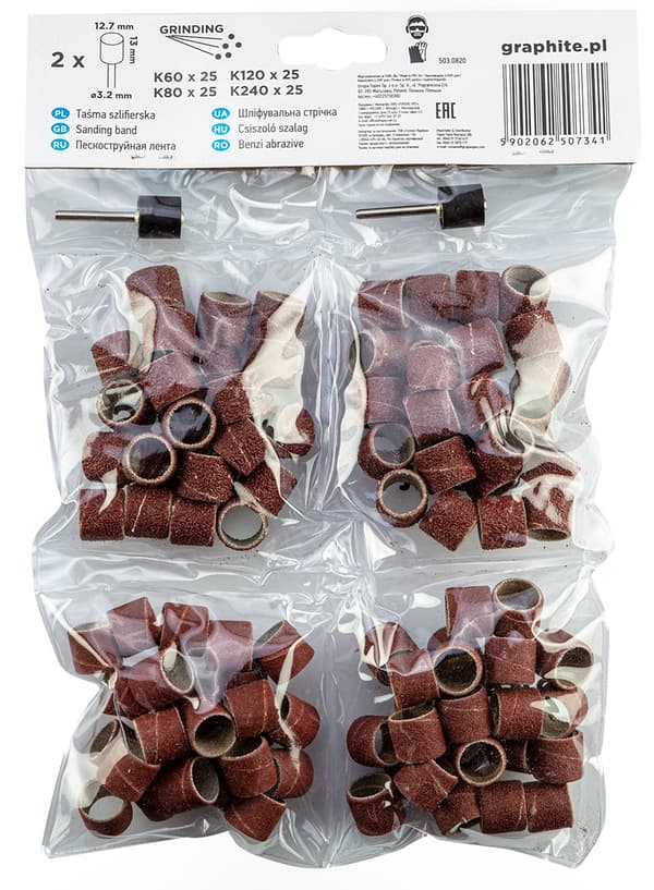 Slibebånd 12,7 mm, K60, K80, K120, K240, sæt med 100 stk., + skaft 3,2 mm, 2 stk.