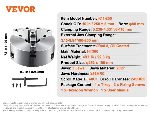 Svarv Chuck, Självcentrerande, Flera Klämranges, K11-250 250mm