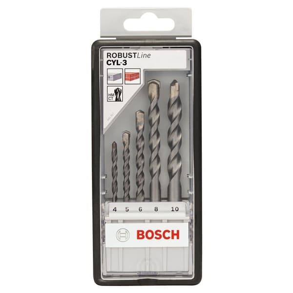 Set med 5 betongborrar med cylindriskt skaft Robust Line Silver Percussion Ø4/5/6/8/10mm längd 75/85/100/120/120mm BOSCH 26070