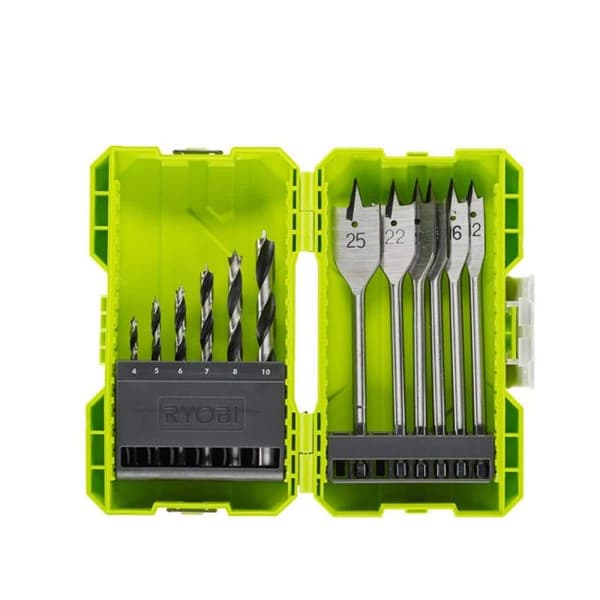 RYOBI - Stapelbart kit för träborrning 12 tillbehör (6 borr + 6 spetsspetsar) - RAK12SWD