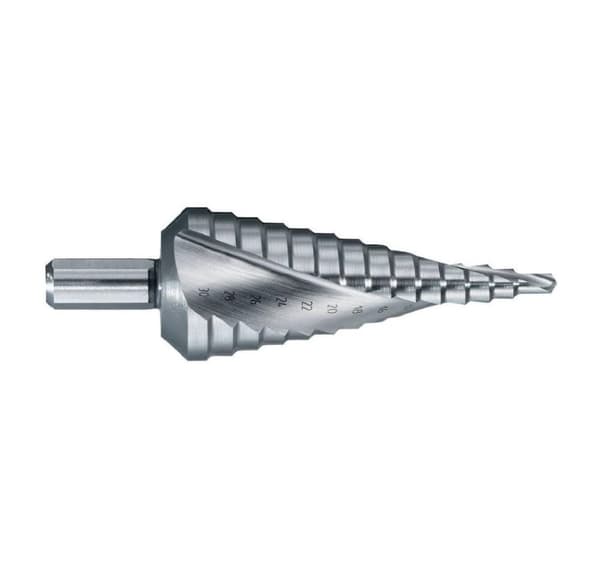 HSS Trinbor Ø4-30 mm. Trin 2 mm. Helicoidal fløjte. Lys, ubelagt (blister)