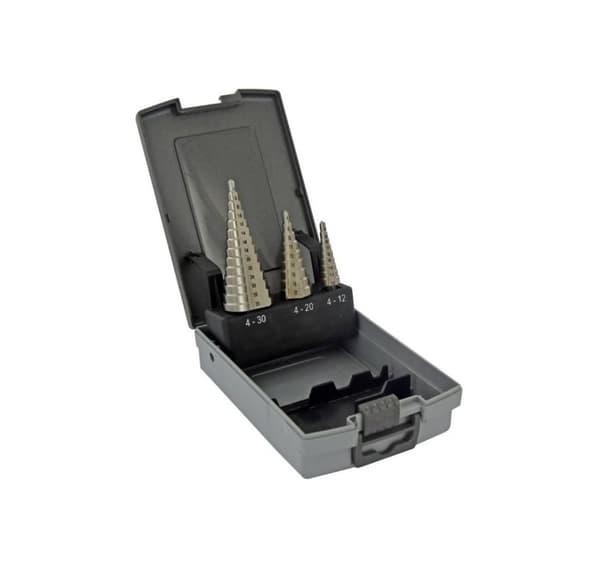 HSS trinnborsett, 3 stk, 4-12mm / 4-20mm / 4-30mm