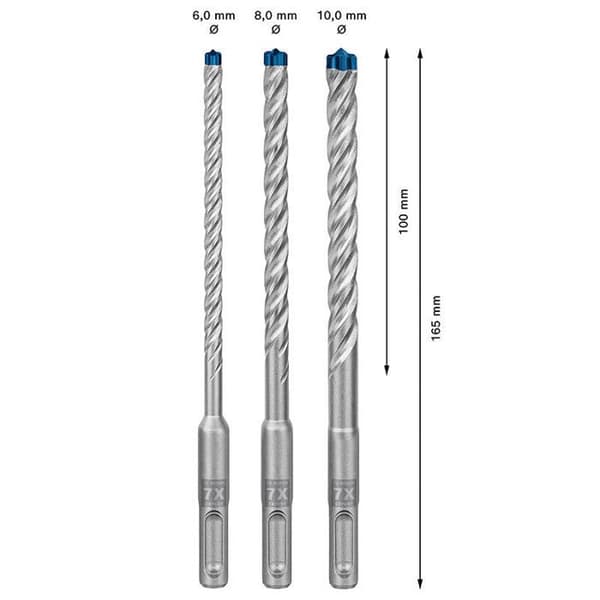Låda med 3 betongborrar 4 skäreggar SDS-Plus 7X Expert BOSCH 6/8/10 mm - 2608900196