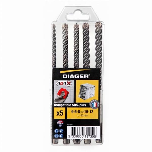 SDS+ betongborr 4 DIAGER skäreggar - Låda med 5 plastborr 6-8(x2)-10-12 mm