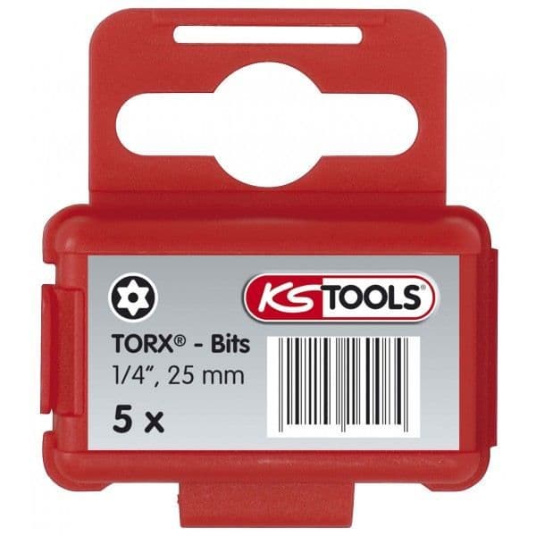 Skruvbit - KS TOOLS - TORX med hål 7 - Drivning 6.35 mm - Längd 25 mm - Förpackning med 5 st