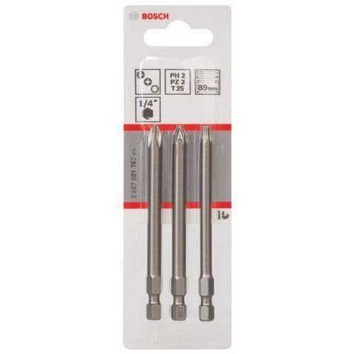 Skruvbits - BOSCH - Set med 3 delar - PH2, PZ2, T25 - Längd 89 mm - Extra hård kvalitet