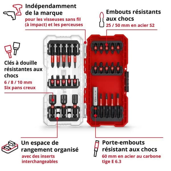 Einhell S-CASE Set med 28 stötsäkra bits (25 mm bits, 50 mm bits, 60 mm bitsfäste, hylsor)