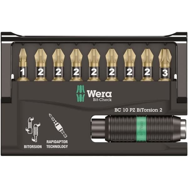 Bitssats - WERA - 05347153001 - 9 PZ BiTorsion bits - 1 Rapidator bitshållare - Stål