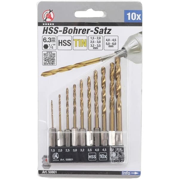 Kraftmann - HSS borrset - titannitridbeläggning - 1,5 - 6 mm - 10 stycken - 50801