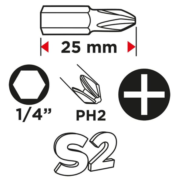 Skruetrækkerbits PH2 x 25 mm, 100 stk.