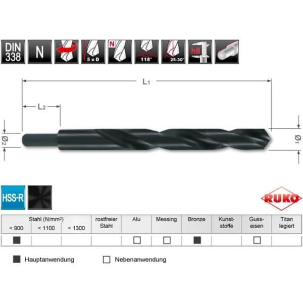 RUKO 200130 HSS-R Spiralborr 13 mm Längd 151 mm DIN 338 1 st.