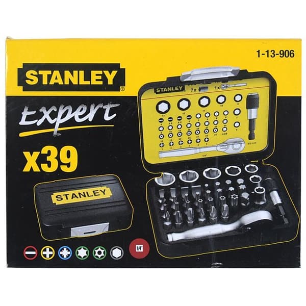 Kartong med 1/4" 25 mm skruvmejselbitar + spärrnyckel - STANLEY - Pro Range - Set med 39 st