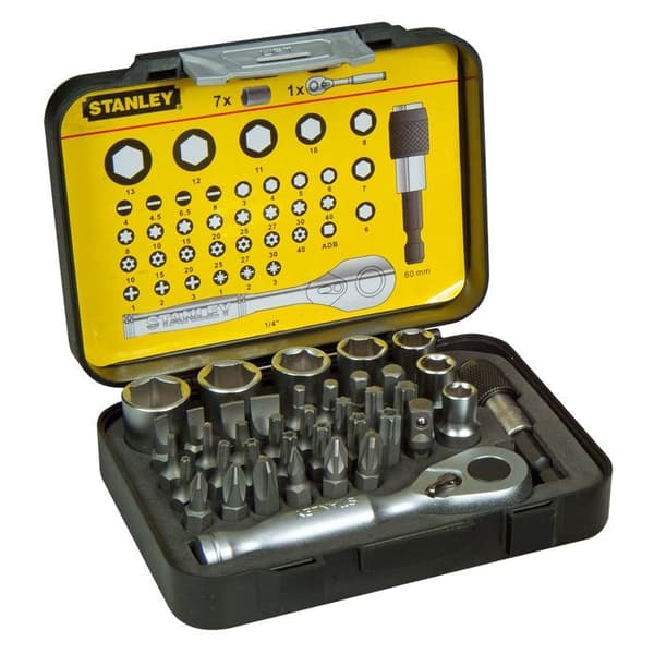 Kartong med 1/4" 25 mm skruvmejselbitar + spärrnyckel - STANLEY - Pro Range - Set med 39 st