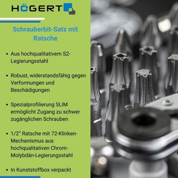 Högert teknik - HT1R460 - Set med skruvbits 1/4 i stål S2 med ratchet 33 delar