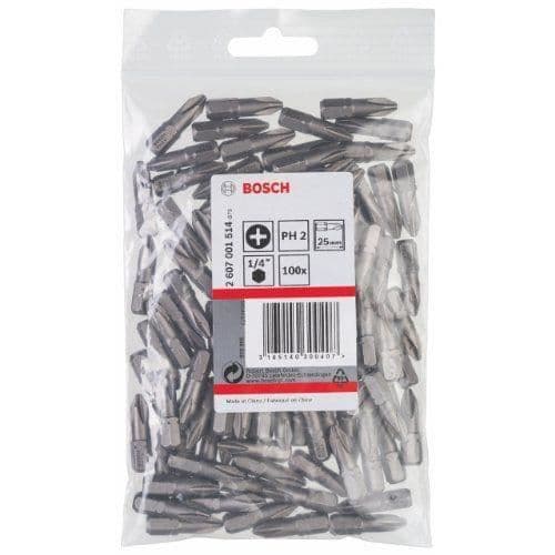 Bosch 2607001514 PH 2 skruvmejselbits av extra hård kvalitet, 25 mm, ISO 1173 C6.3 drivning, 1/4 han sexkantskaft, 100 stycken