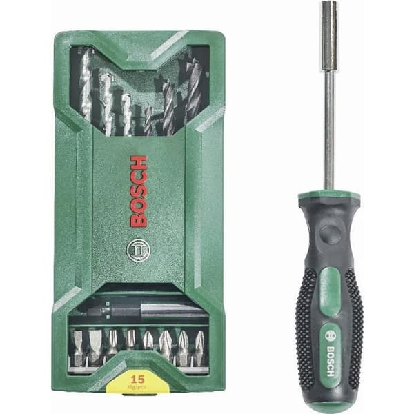 Set med 14 bits och borr + Mini X-Line bitshållare skruvmejsel BOSCH - 2607017654