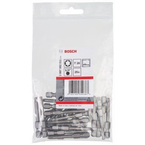 Bosch 2607002511 Skruvmejselbit av extra hård kvalitet T20, 49 mm ISO 1173 E6.3 drivning, 1/4 tum sexkantig hane, 25 stycken